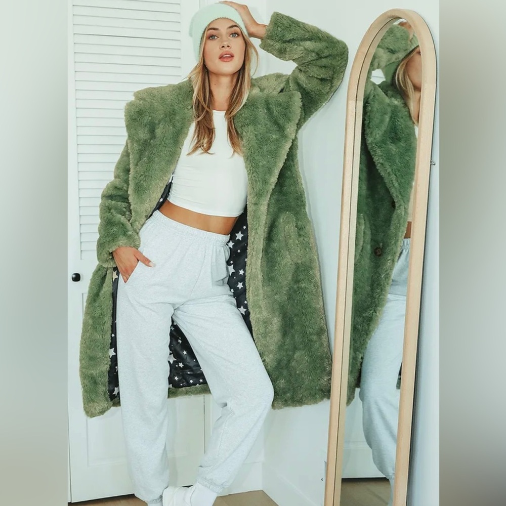 Lulu's Olive Green Plush Faux Fur Long Trench Coat